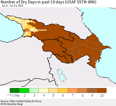 Azerbaijan, Armenia and Georgia Number of Dry Days in past 10 days (USAF 557th WW) Thematic Map For 7/11/2022 - 7/15/2022