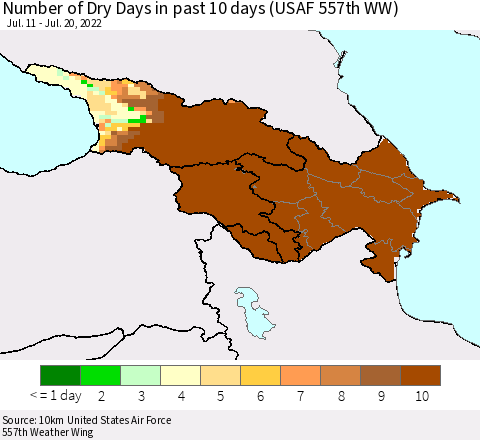 Azerbaijan, Armenia and Georgia Number of Dry Days in past 10 days (USAF 557th WW) Thematic Map For 7/16/2022 - 7/20/2022