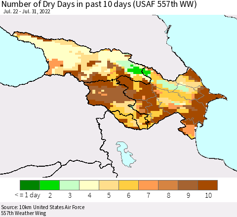 Azerbaijan, Armenia and Georgia Number of Dry Days in past 10 days (USAF 557th WW) Thematic Map For 7/26/2022 - 7/31/2022