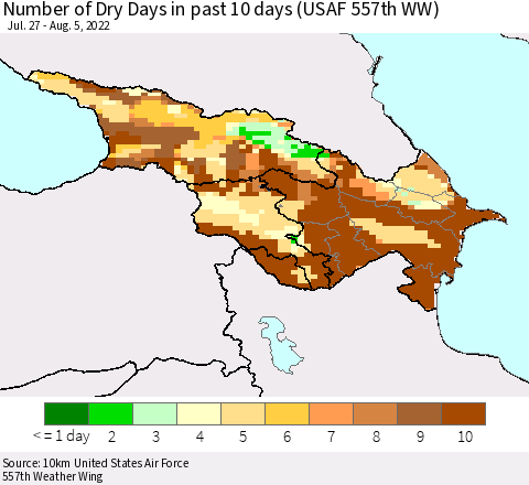 Azerbaijan, Armenia and Georgia Number of Dry Days in past 10 days (USAF 557th WW) Thematic Map For 8/1/2022 - 8/5/2022