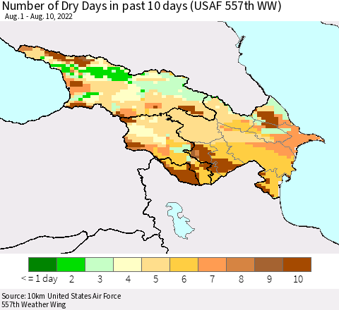 Azerbaijan, Armenia and Georgia Number of Dry Days in past 10 days (USAF 557th WW) Thematic Map For 8/6/2022 - 8/10/2022