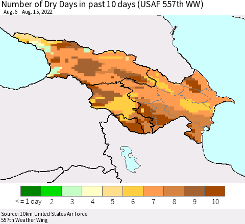 Azerbaijan, Armenia and Georgia Number of Dry Days in past 10 days (USAF 557th WW) Thematic Map For 8/11/2022 - 8/15/2022