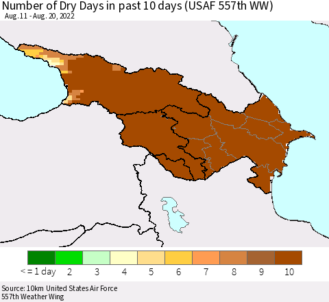 Azerbaijan, Armenia and Georgia Number of Dry Days in past 10 days (USAF 557th WW) Thematic Map For 8/16/2022 - 8/20/2022