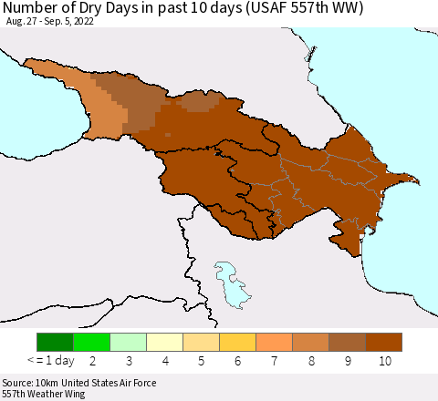 Azerbaijan, Armenia and Georgia Number of Dry Days in past 10 days (USAF 557th WW) Thematic Map For 9/1/2022 - 9/5/2022