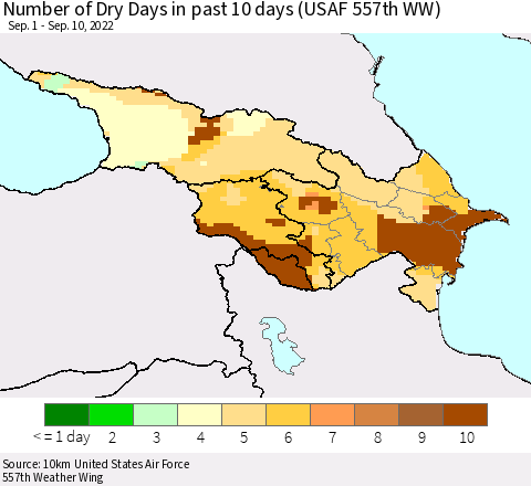 Azerbaijan, Armenia and Georgia Number of Dry Days in past 10 days (USAF 557th WW) Thematic Map For 9/6/2022 - 9/10/2022
