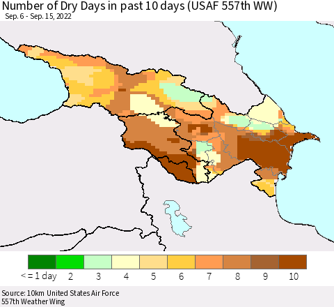 Azerbaijan, Armenia and Georgia Number of Dry Days in past 10 days (USAF 557th WW) Thematic Map For 9/11/2022 - 9/15/2022