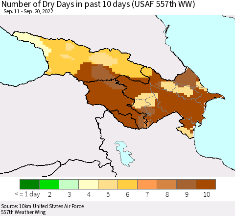 Azerbaijan, Armenia and Georgia Number of Dry Days in past 10 days (USAF 557th WW) Thematic Map For 9/16/2022 - 9/20/2022