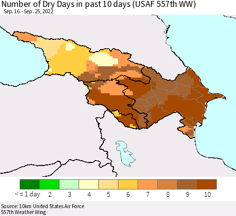Azerbaijan, Armenia and Georgia Number of Dry Days in past 10 days (USAF 557th WW) Thematic Map For 9/21/2022 - 9/25/2022