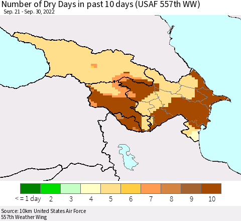 Azerbaijan, Armenia and Georgia Number of Dry Days in past 10 days (USAF 557th WW) Thematic Map For 9/26/2022 - 9/30/2022