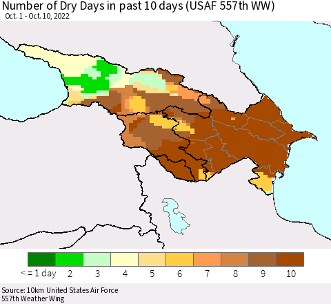 Azerbaijan, Armenia and Georgia Number of Dry Days in past 10 days (USAF 557th WW) Thematic Map For 10/6/2022 - 10/10/2022