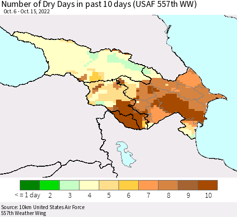 Azerbaijan, Armenia and Georgia Number of Dry Days in past 10 days (USAF 557th WW) Thematic Map For 10/11/2022 - 10/15/2022
