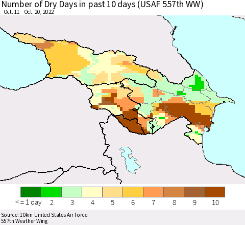 Azerbaijan, Armenia and Georgia Number of Dry Days in past 10 days (USAF 557th WW) Thematic Map For 10/16/2022 - 10/20/2022