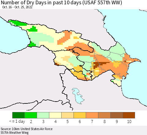 Azerbaijan, Armenia and Georgia Number of Dry Days in past 10 days (USAF 557th WW) Thematic Map For 10/21/2022 - 10/25/2022