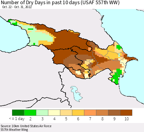 Azerbaijan, Armenia and Georgia Number of Dry Days in past 10 days (USAF 557th WW) Thematic Map For 10/26/2022 - 10/31/2022