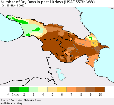 Azerbaijan, Armenia and Georgia Number of Dry Days in past 10 days (USAF 557th WW) Thematic Map For 11/1/2022 - 11/5/2022