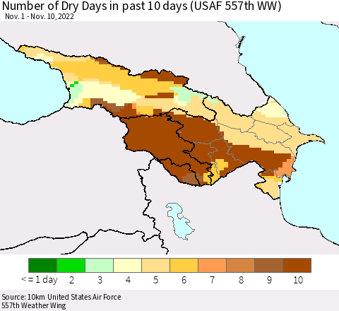 Azerbaijan, Armenia and Georgia Number of Dry Days in past 10 days (USAF 557th WW) Thematic Map For 11/6/2022 - 11/10/2022
