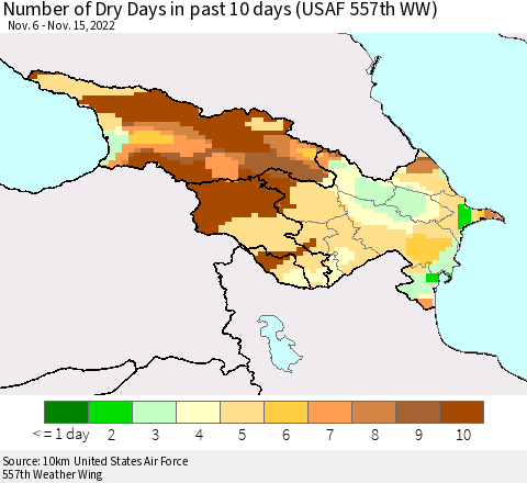Azerbaijan, Armenia and Georgia Number of Dry Days in past 10 days (USAF 557th WW) Thematic Map For 11/11/2022 - 11/15/2022