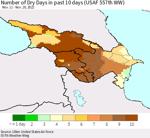 Azerbaijan, Armenia and Georgia Number of Dry Days in past 10 days (USAF 557th WW) Thematic Map For 11/16/2022 - 11/20/2022