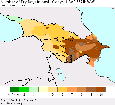 Azerbaijan, Armenia and Georgia Number of Dry Days in past 10 days (USAF 557th WW) Thematic Map For 11/26/2022 - 11/30/2022