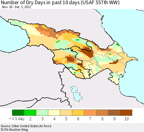 Azerbaijan, Armenia and Georgia Number of Dry Days in past 10 days (USAF 557th WW) Thematic Map For 12/1/2022 - 12/5/2022