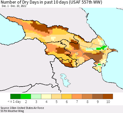 Azerbaijan, Armenia and Georgia Number of Dry Days in past 10 days (USAF 557th WW) Thematic Map For 12/6/2022 - 12/10/2022