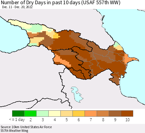 Azerbaijan, Armenia and Georgia Number of Dry Days in past 10 days (USAF 557th WW) Thematic Map For 12/16/2022 - 12/20/2022