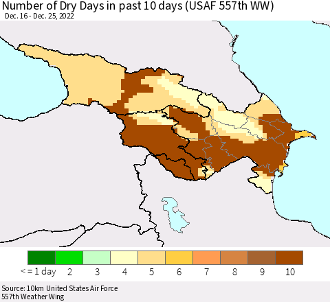 Azerbaijan, Armenia and Georgia Number of Dry Days in past 10 days (USAF 557th WW) Thematic Map For 12/21/2022 - 12/25/2022