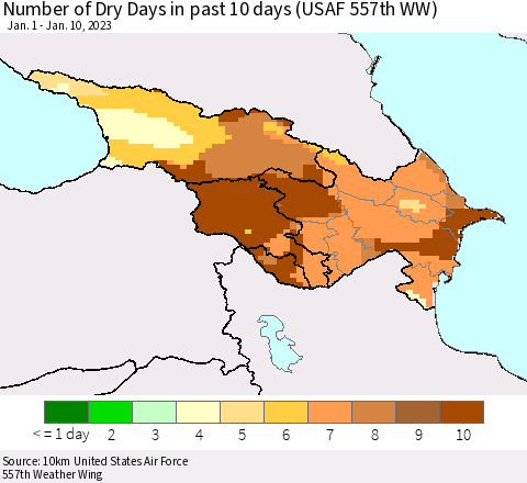 Azerbaijan, Armenia and Georgia Number of Dry Days in past 10 days (USAF 557th WW) Thematic Map For 1/6/2023 - 1/10/2023