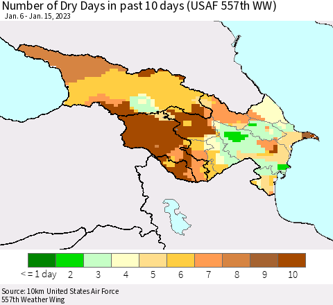 Azerbaijan, Armenia and Georgia Number of Dry Days in past 10 days (USAF 557th WW) Thematic Map For 1/11/2023 - 1/15/2023