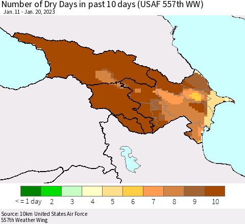 Azerbaijan, Armenia and Georgia Number of Dry Days in past 10 days (USAF 557th WW) Thematic Map For 1/16/2023 - 1/20/2023