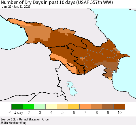 Azerbaijan, Armenia and Georgia Number of Dry Days in past 10 days (USAF 557th WW) Thematic Map For 1/26/2023 - 1/31/2023