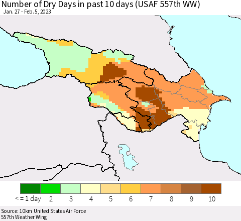 Azerbaijan, Armenia and Georgia Number of Dry Days in past 10 days (USAF 557th WW) Thematic Map For 2/1/2023 - 2/5/2023