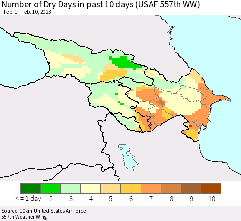 Azerbaijan, Armenia and Georgia Number of Dry Days in past 10 days (USAF 557th WW) Thematic Map For 2/6/2023 - 2/10/2023