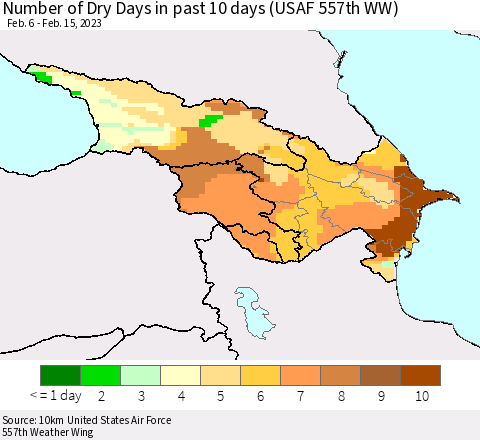 Azerbaijan, Armenia and Georgia Number of Dry Days in past 10 days (USAF 557th WW) Thematic Map For 2/11/2023 - 2/15/2023