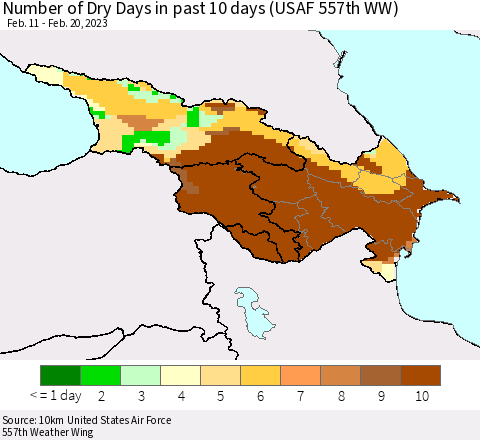 Azerbaijan, Armenia and Georgia Number of Dry Days in past 10 days (USAF 557th WW) Thematic Map For 2/16/2023 - 2/20/2023