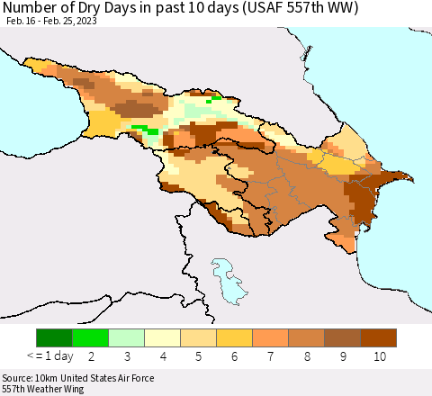 Azerbaijan, Armenia and Georgia Number of Dry Days in past 10 days (USAF 557th WW) Thematic Map For 2/21/2023 - 2/25/2023