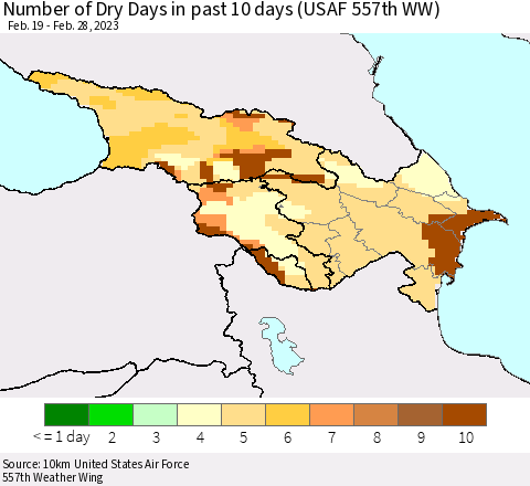 Azerbaijan, Armenia and Georgia Number of Dry Days in past 10 days (USAF 557th WW) Thematic Map For 2/26/2023 - 2/28/2023