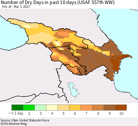 Azerbaijan, Armenia and Georgia Number of Dry Days in past 10 days (USAF 557th WW) Thematic Map For 3/1/2023 - 3/5/2023