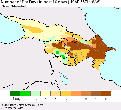 Azerbaijan, Armenia and Georgia Number of Dry Days in past 10 days (USAF 557th WW) Thematic Map For 3/6/2023 - 3/10/2023