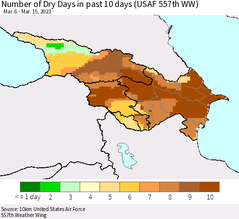 Azerbaijan, Armenia and Georgia Number of Dry Days in past 10 days (USAF 557th WW) Thematic Map For 3/11/2023 - 3/15/2023