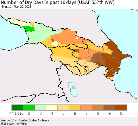 Azerbaijan, Armenia and Georgia Number of Dry Days in past 10 days (USAF 557th WW) Thematic Map For 3/16/2023 - 3/20/2023