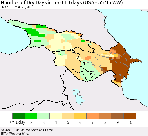 Azerbaijan, Armenia and Georgia Number of Dry Days in past 10 days (USAF 557th WW) Thematic Map For 3/21/2023 - 3/25/2023