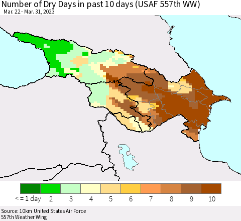 Azerbaijan, Armenia and Georgia Number of Dry Days in past 10 days (USAF 557th WW) Thematic Map For 3/26/2023 - 3/31/2023