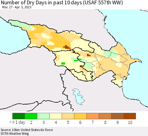 Azerbaijan, Armenia and Georgia Number of Dry Days in past 10 days (USAF 557th WW) Thematic Map For 4/1/2023 - 4/5/2023