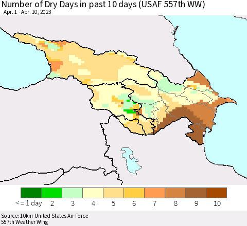Azerbaijan, Armenia and Georgia Number of Dry Days in past 10 days (USAF 557th WW) Thematic Map For 4/6/2023 - 4/10/2023