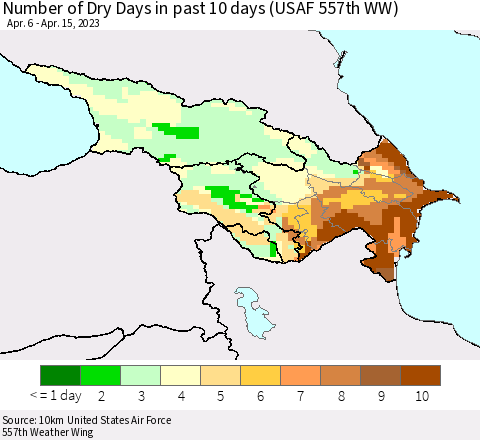 Azerbaijan, Armenia and Georgia Number of Dry Days in past 10 days (USAF 557th WW) Thematic Map For 4/11/2023 - 4/15/2023