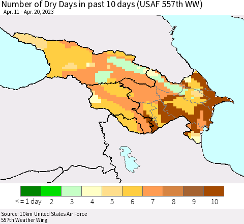 Azerbaijan, Armenia and Georgia Number of Dry Days in past 10 days (USAF 557th WW) Thematic Map For 4/16/2023 - 4/20/2023