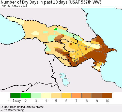 Azerbaijan, Armenia and Georgia Number of Dry Days in past 10 days (USAF 557th WW) Thematic Map For 4/21/2023 - 4/25/2023