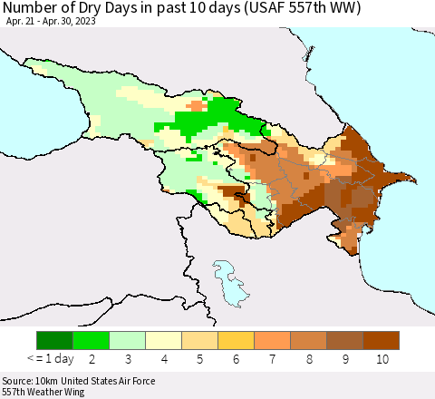 Azerbaijan, Armenia and Georgia Number of Dry Days in past 10 days (USAF 557th WW) Thematic Map For 4/26/2023 - 4/30/2023