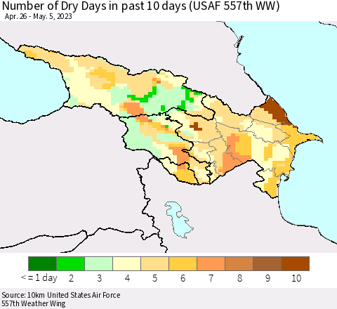 Azerbaijan, Armenia and Georgia Number of Dry Days in past 10 days (USAF 557th WW) Thematic Map For 5/1/2023 - 5/5/2023